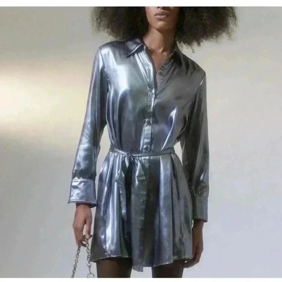 Urban Outfitters Metallic Silver Satin Shirt Mini Dress Button Down Midnight S - Picture 1 of 11